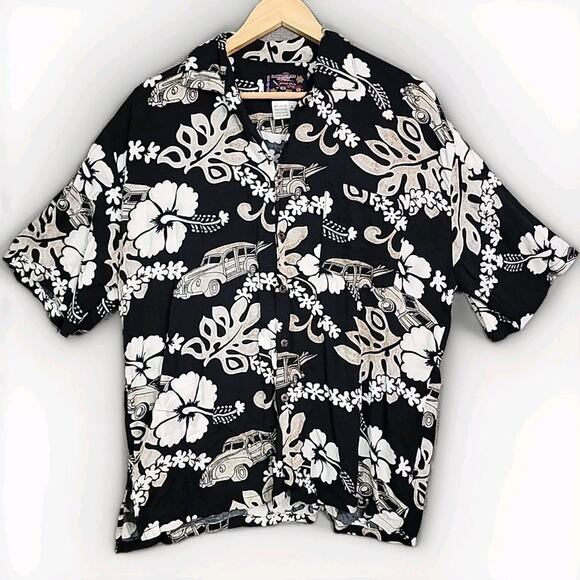 Hawaiian Shirt by Basix - Rayon Large Vintage Surf Car & Flowers Black - Picture 1 of 14